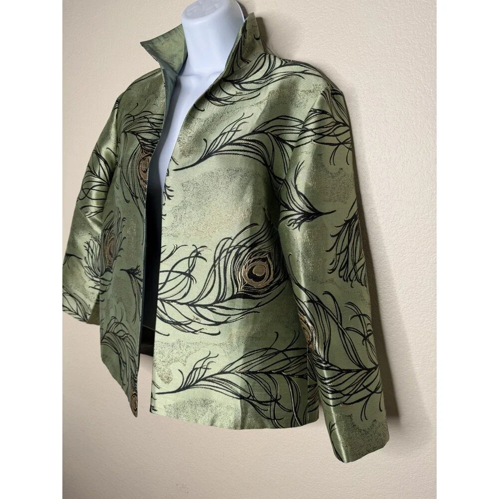 Grace Chuang New York Feather Print Open Jacket Sz S Multicolor Reversible Green - Picture 4 of 16